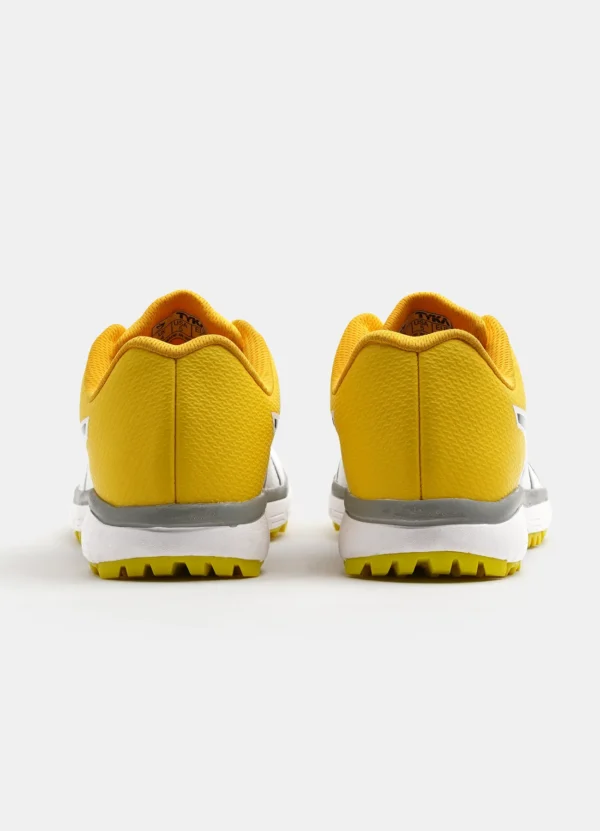 TYKA Pitch Cricket Shoes – White & Yellow | Lightweight Rubber Spike Shoes for All-Round Cricket Performance