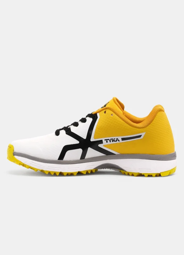TYKA Pitch Cricket Shoes – White & Yellow | Lightweight Rubber Spike Shoes for All-Round Cricket Performance