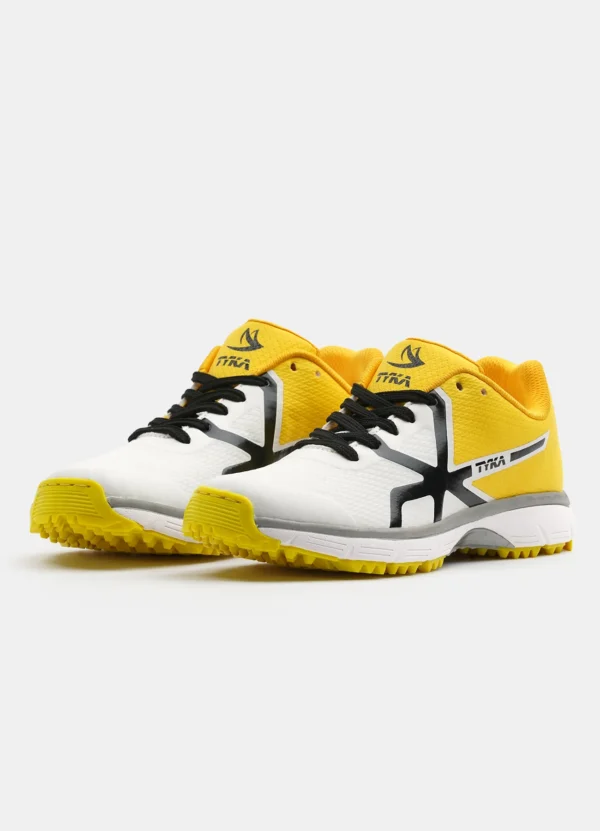 TYKA Pitch Cricket Shoes – White & Yellow | Lightweight Rubber Spike Shoes for All-Round Cricket Performance