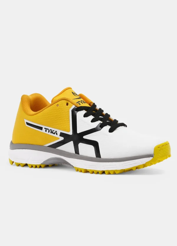 TYKA Pitch Cricket Shoes – White & Yellow | Lightweight Rubber Spike Shoes for All-Round Cricket Performance