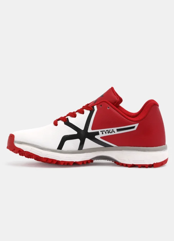 TYKA Pitch Cricket Shoes – White & Red | Lightweight Rubber Spike Shoes for All-Round Cricket Performance