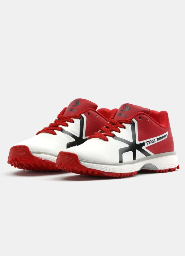 TYKA Pitch Cricket Shoes – White & Red | Lightweight Rubber Spike Shoes for All-Round Cricket Performance