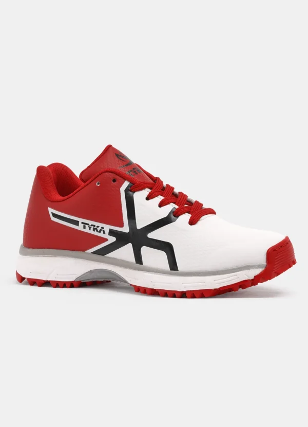 TYKA Pitch Cricket Shoes – White & Red | Lightweight Rubber Spike Shoes for All-Round Cricket Performance