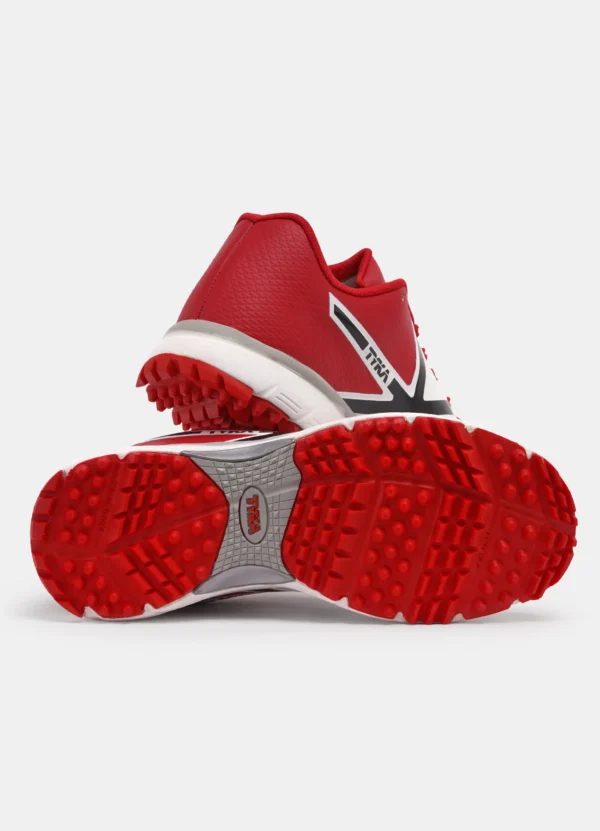 TYKA Pitch Cricket Shoes – White & Red | Lightweight Rubber Spike Shoes for All-Round Cricket Performance